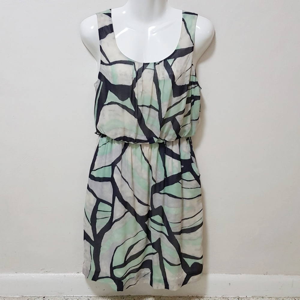 Anthropologie Odille Women Dress Damselfly Abstract Sleeveless Green Pleated XS